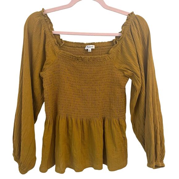 Madewell Lucie Smocked Peplum Top Size 4 Milkmaid Cottage Cotton Mustard Yellow - Picture 2 of 8